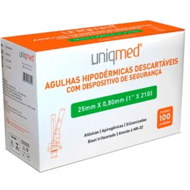 Agulha Hipodérmica de Segurança 21G 25mm x 0,08mm c/ 100 Uniqmed Agulha Hipodérmica de Segurança 21G 25mm x 0,08mm c/ 100 Uniqmed