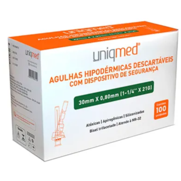 Agulha Hipodérmica de Segurança 21G 30mm x 0,08mm c/ 100 Uniqmed Agulha Hipodérmica de Segurança 21G 30mm x 0,08mm c/ 100 Uniqmed