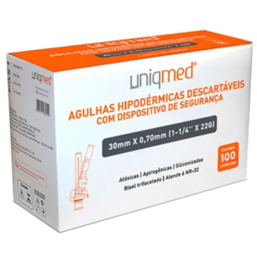Agulha Hipodérmica de Segurança 22G 30mm x 0,07mm c/ 100 Uniqmed Agulha Hipodérmica de Segurança 22G 30mm x 0,07mm c/ 100 Uniqmed