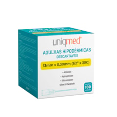 Agulhas Hipodérmicas 30G 13mm x 0,30mm c/100 Uniqmed