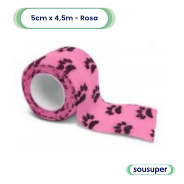 Bandagem Elástica Veterinária 10cm x 4,5m Rosa com Patas Hoppner