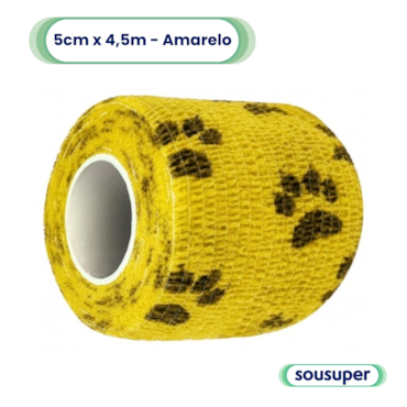 Bandagem Elástica Veterinária 5cm x 4,5m Amarela com Patas Hoppner Bandagem Elástica Veterinária 5cm x 4,5m Amarela com Patas Hoppner