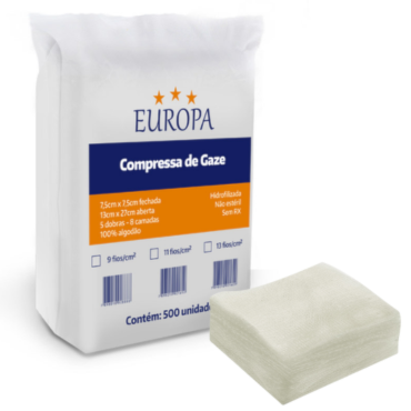 Compressa de Gaze Europa 7,5cm x 7,5cm 9 Fios Não Estéril c/500 Compressa de Gaze Europa 7,5cm x 7,5cm 9 Fios Não Estéril c/500
