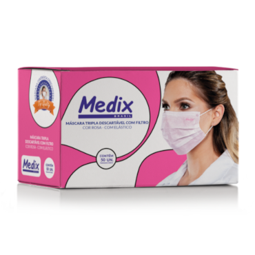 Máscara Tripla Descartável Rosa c/50 Medix