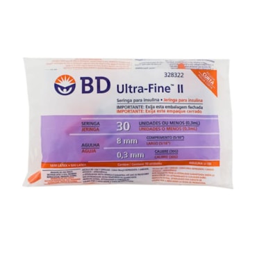 Seringa de Insulina Ultra Fine 0,3cc Agulha 8mm 10x10 BD Seringa de Insulina Ultra Fine 0,3cc Agulha 8mm 10x10 BD