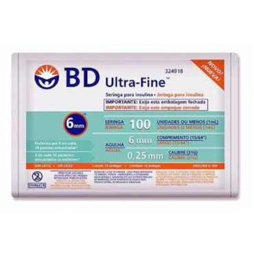 Seringa de Insulina Ultra Fine 1,0cc Agulha 6mm 10x10 BD Seringa de Insulina Ultra Fine 1,0cc Agulha 6mm 10x10 BD