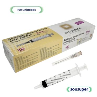 Seringa Hipodérmica 3ml Luer Slip com Agulha 25x7 c/100 Descarpack