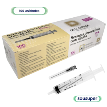 Seringa Hipodérmica 5ml Luer Slip com Agulha 25x7 c/100 Descarpack